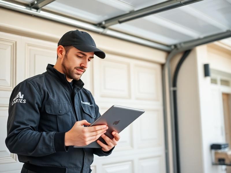 Professional garage door technician with tablet doing digital inspection