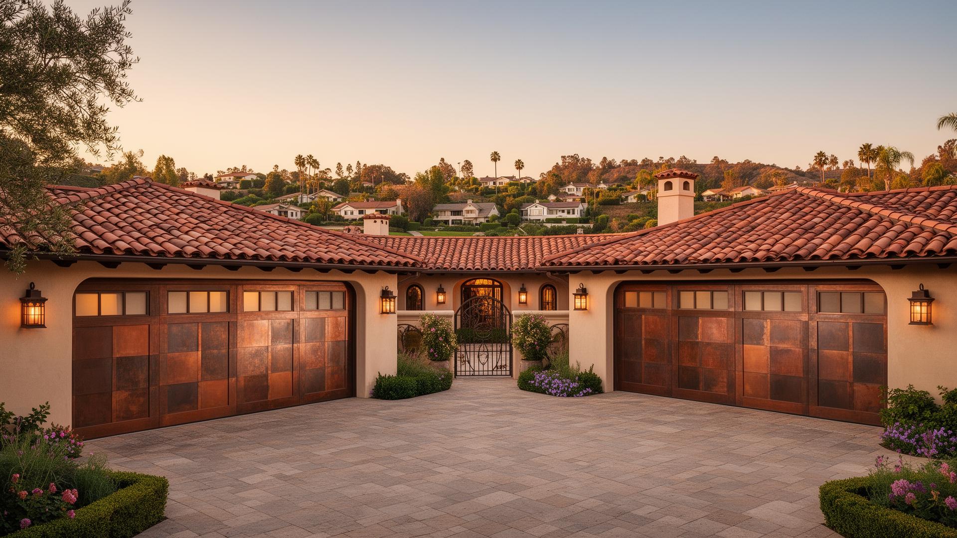 Luxury Spanish revival home with custom copper-clad garage doors in Somerdale, OH